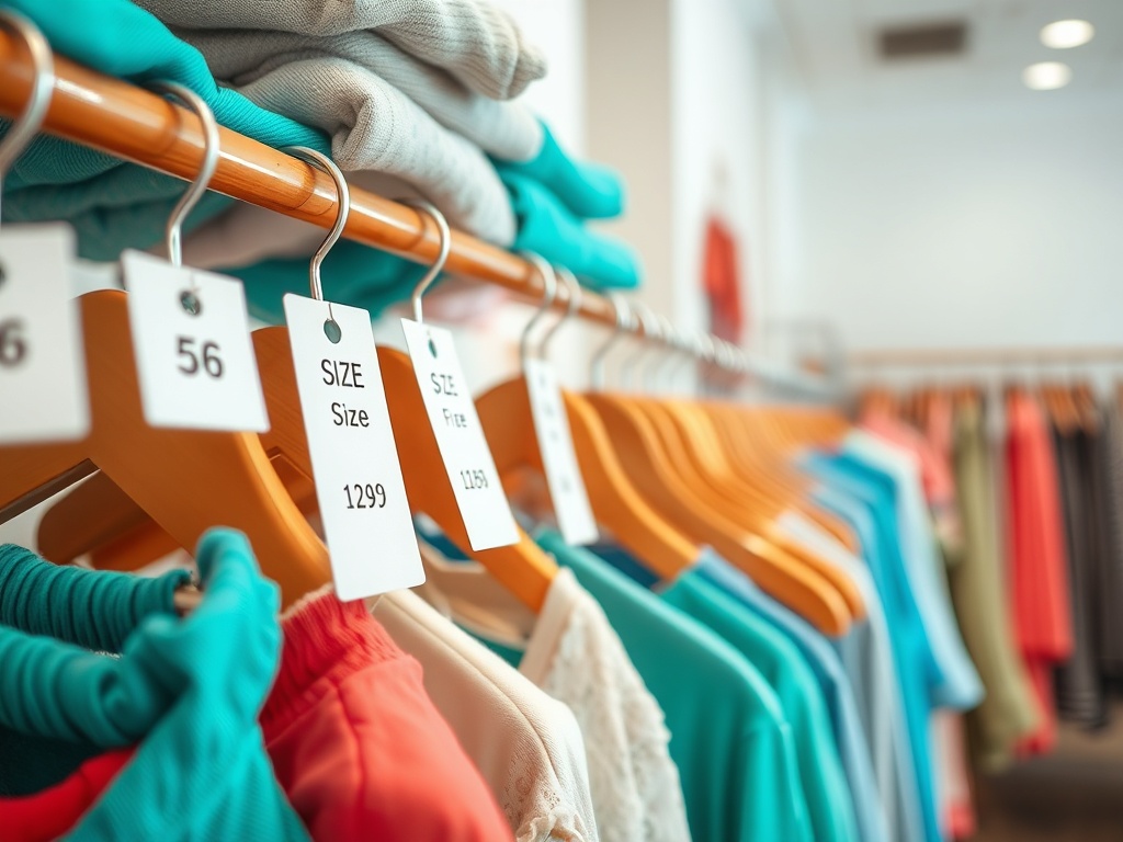 Cămăși și pantaloni suspendați pe umerașe, etichete cu dimensiuni vizibile în magazinul de îmbrăcăminte.