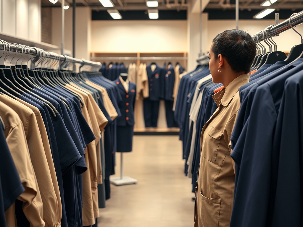 O persoană examinează o gamă de haine pe umerașe într-un magazin, cu diverse uniforme expuse.