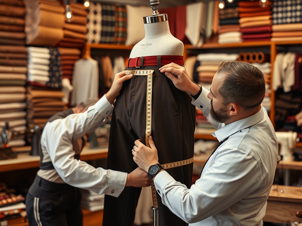 O persoană măsoară o pereche de pantaloni pe un manechin, într-un atelier de croitorie.