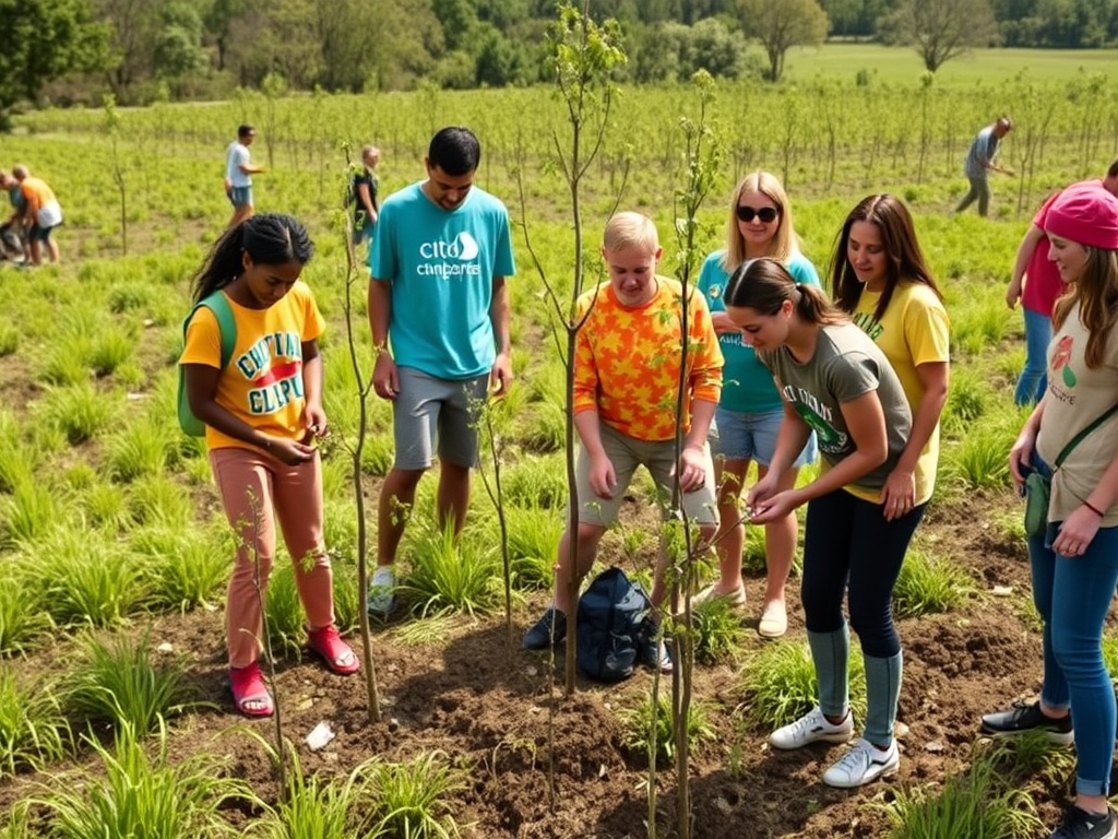 Un grup de tineri plantează copaci în natură, bucurându-se de activități ecologice în aer liber.