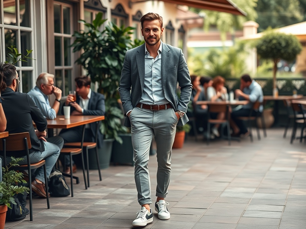 Un bărbat îmbrăcat elegant, în costum gri, se plimbă relaxat printr-o cafenea plină de oameni.